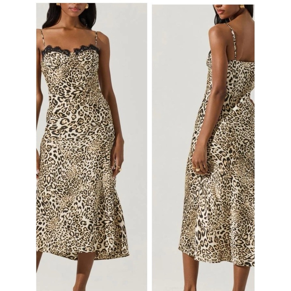ASTR the label slip Dress Womens size Large Leopard Print Midi Satin lace trim